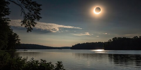 A rare and awe-inspiring moment captured above the serene surface of a lake during a total solar eclipse, lake, solar eclipse, day, cloud, atmosphere