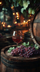 A red wine glass and grapes on an old wooden barrel background with copy space for your text or design. Wine production concept. Vintage-style winery. 