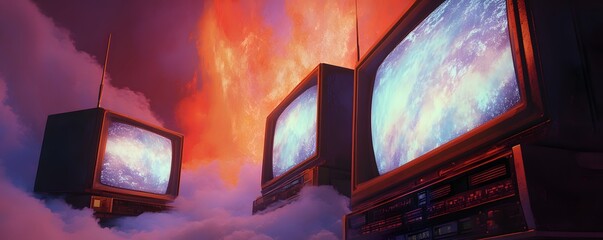 A surreal digital landscape featuring vintage televisions floating among vibrant clouds, showcasing a cosmic view on the screens, blending nostalgia with imaginative artistry.