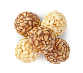 Tasty puffed rice balls isolated on white, top view