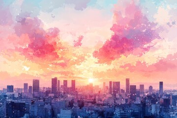 Obraz premium Pastel watercolor sky with clouds and city skyline, soft dreamy colors, sunset lighting, panoramic view, serene atmosphere in digital art style.
