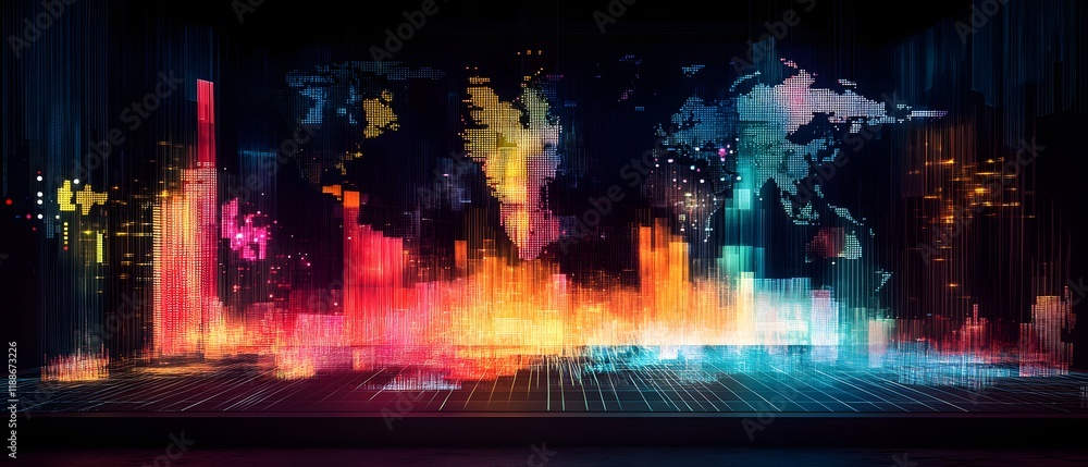 Poster a vibrant digital display representing global data trends, featuring colorful graphs and visualizati