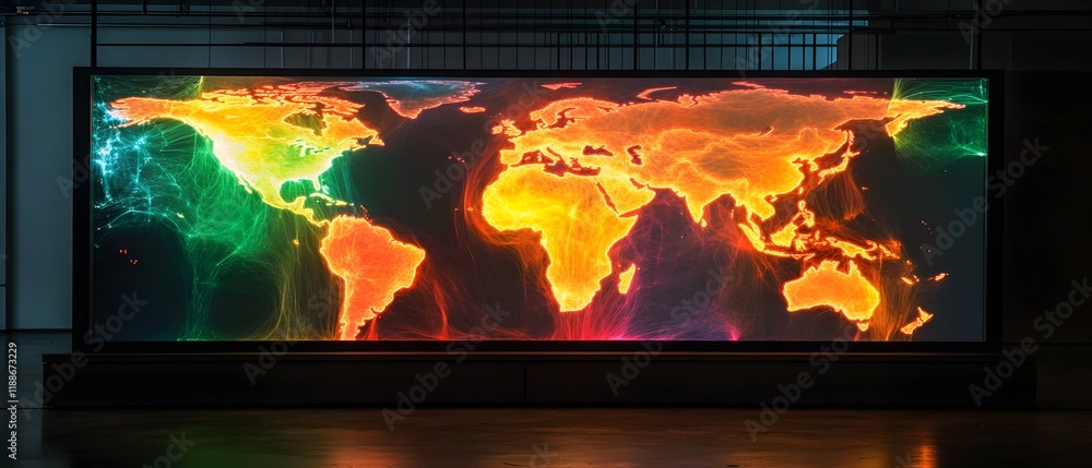 Poster a vibrant digital map displaying global data visualizations through dynamic colors, highlighting int