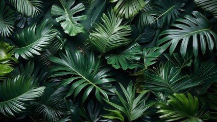 Lush dark green foliage on tropical leaves backdrop