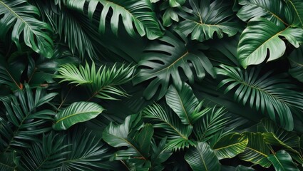 Lush dark green foliage on abstract tropical background