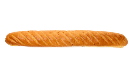 One freshly baked baguette isolated on white, top view