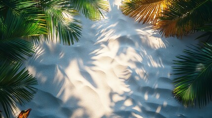 Obraz premium Tropical palm leaves casting shadows on textured sand, creating a peaceful, serene beach scene with golden hues