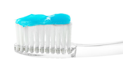 One toothbrush with toothpaste in air isolated on white