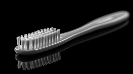 A white toothbrush with soft bristles on a black background. Close-up, high detail, ultra-realistic photo
