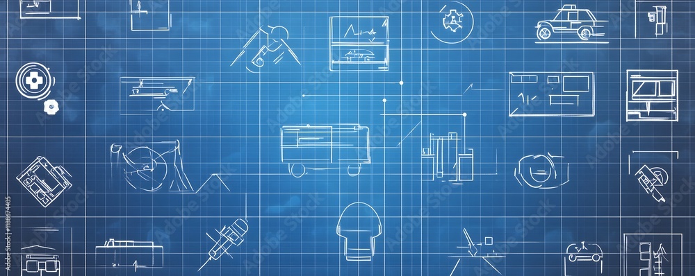 Poster a blue background featuring various technical icons and blueprint designs, symbolizing engineering, 