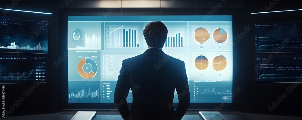 Poster a businessman examines digital data on multiple screens. the futuristic dashboard displays graphs an