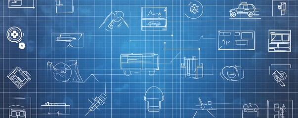 Fototapeta premium A blue background featuring various technical icons and blueprint designs, symbolizing engineering, innovation, and modern technology in a visually appealing way.