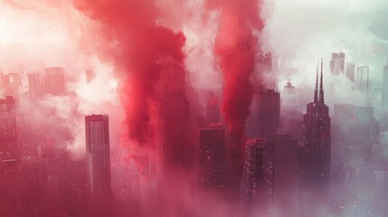 Obraz premium Crimson Cityscape: A Futuristic Metropolis Shrouded in Red Haze
