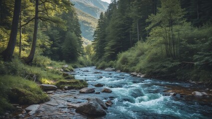 Majestic mountain river flowing through lush woods