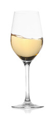 Tasty wine splashing in glass on white background