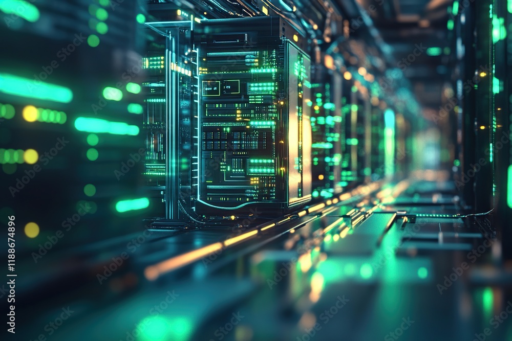 Poster exploring futuristic data centers: servers illuminate digital pathways with glowing green lights, hi
