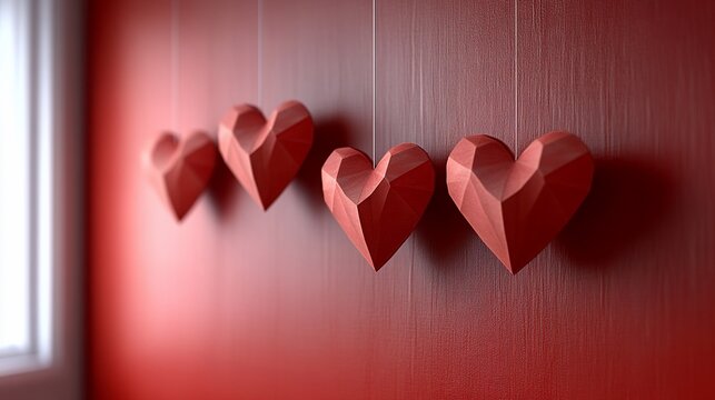 Four low-poly red hearts hanging on a red wall.