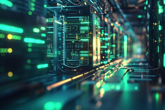 Exploring Futuristic Data Centers: Servers Illuminate Digital Pathways with Glowing Green Lights, Highlighting Advanced Technology and Network Infrastructure.