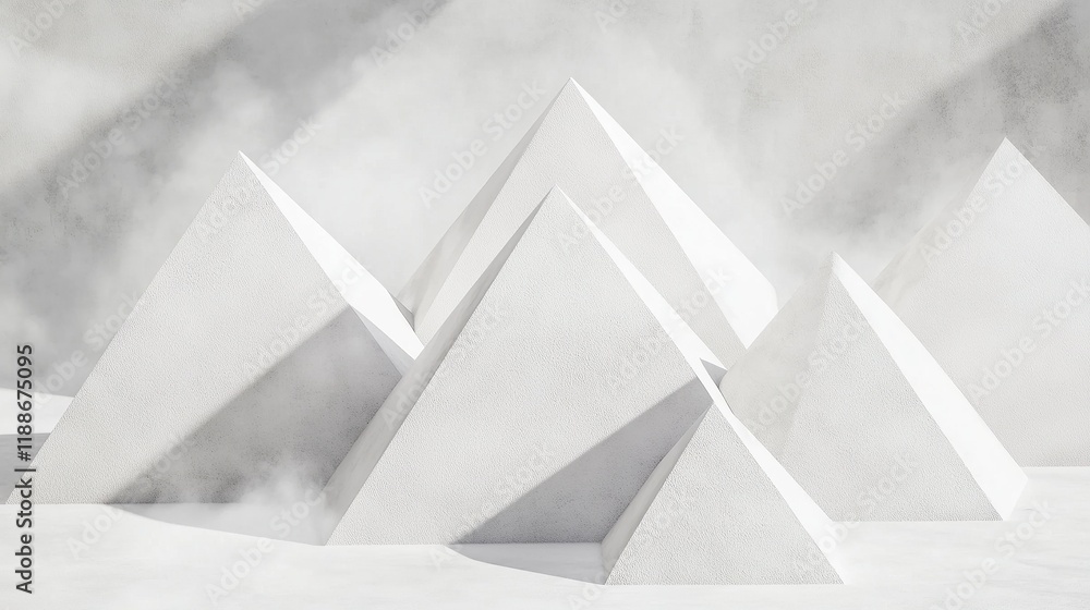 Poster **a compact arrangement of intersecting pyramidal shapes made from matte white plaster