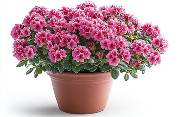 Fototapeta premium Potted azalea with pink flowers and vibrant green leaves, isolated on white background with gentle breeze effect.