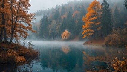 Misty autumn forest landscape by tranquil lake