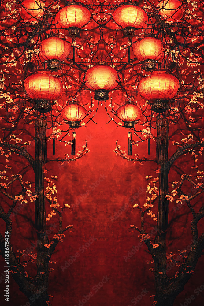 Poster red lanterns with cherry blossoms on branches and a festive background