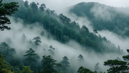 Fototapeta premium Misty pine forest on mountainside nature sanctuary