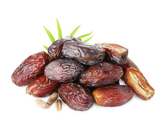 Many tasty dried dates with seeds isolated on white