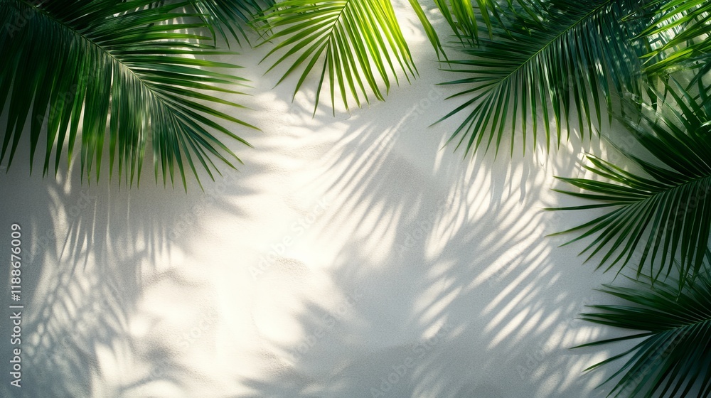Poster tropical palm leaves casting shadows on a textured white wall creating a calming and inviting botani