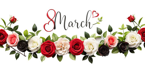 The inscription "8 March" on a background of roses of different colors (red, white, black and pink) and green leaves. This image is related to International Women's Day.