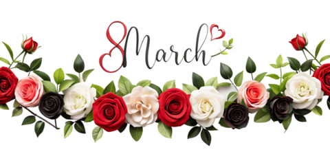 The inscription "8 March" on a background of roses of different colors (red, white, black and pink) and green leaves. This image is related to International Women's Day.