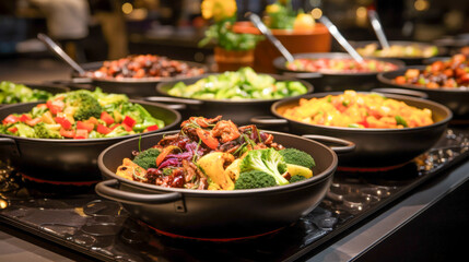 Colorful and fresh vegetable display at a buffet highlighting healthy meal options in a vibrant dining environment in the evening