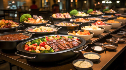Diverse selection of vibrant dishes presented at a buffet during an evening gathering