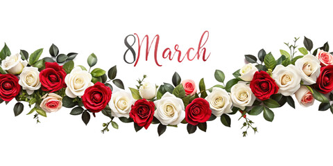 The inscription "8 March" on a background of roses of different colors (red, white, black and pink) and green leaves. This image is related to International Women's Day.