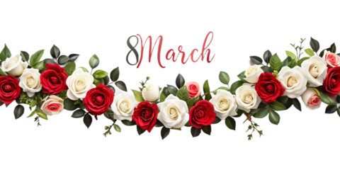 The inscription "8 March" on a background of roses of different colors (red, white, black and pink) and green leaves. This image is related to International Women's Day.