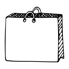 Big and wide paper gift bag. Holiday gift bag. Simple paper shopping bag. Black line illustration in doodle style. Isolated on white background. Holiday element clip art.