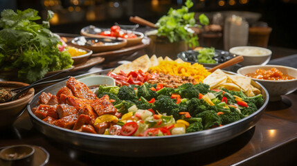 Obraz premium Colorful display of assorted dishes featuring fresh vegetables, grilled meat, and various toppings at a vibrant dining setting