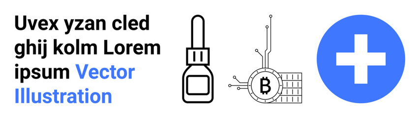 Eye dropper, cryptocurrency token with blockchain elements, medical cross in blue circle. Ideal for health apps, medicine websites, blockchain education, financial services, healthcare technology