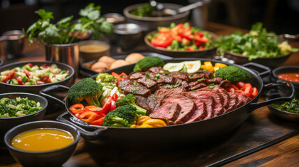 Obraz premium Colorful spread of grilled meats and fresh vegetables arranged for a festive dining experience in a cozy restaurant setting
