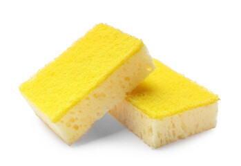 Yellow sponges isolated on white. Cleaning tool