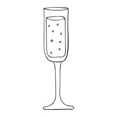 Champagne one glass with drink and bubbles on tall thin stem. Table setting. Transparent glass in outline doodle style without filling. Hand draw black line vector illustration isolated on white back.