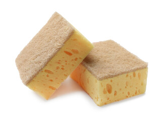 Yellow sponges isolated on white. Cleaning tool