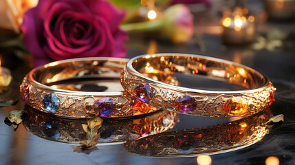 Elegant golden bangles adorned with colorful gemstones and surrounded by rose petals and candles during a celebratory occasion