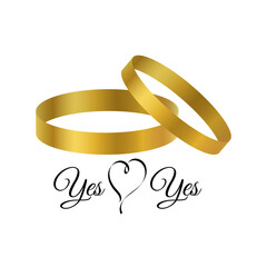 Wedding rings pair in gold gradients colors without outline. Lettering Yes and Yes with heart. Love symbol. Isolated on white background. Wedding symbols. Wedding clip art elements.