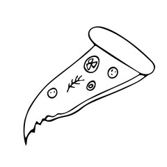 One part of hot pizza with vegetables and sausage. Delicious holiday treat. Party food. Pizza in outline doodle style without filling. Hand draw black line vector illustration isolated on white back.