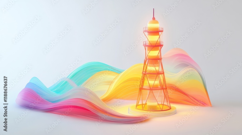 Poster abstract lighthouse with colorful waves in modern style