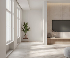 Aesthetic elegant minimalist modern interior design. Clear mock up empty wall for decoration in the apartment. Copy space in the room. Neutral palette of natural colors.