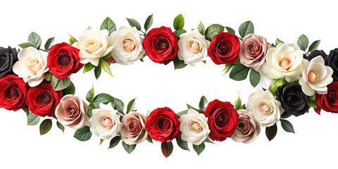 A garland of roses in a variety of colors, including red, white, black and cream, with green leaves. The garland has an oval shape with an empty center.