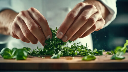Fototapeta premium Close up of chef hands chopping fresh herbs, showcasing culinary skill and precision in vibrant kitchen setting