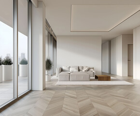 Aesthetic elegant minimalist modern interior design. Clear mock up empty wall for decoration in the apartment. Copy space in the room. Neutral palette of natural colors.